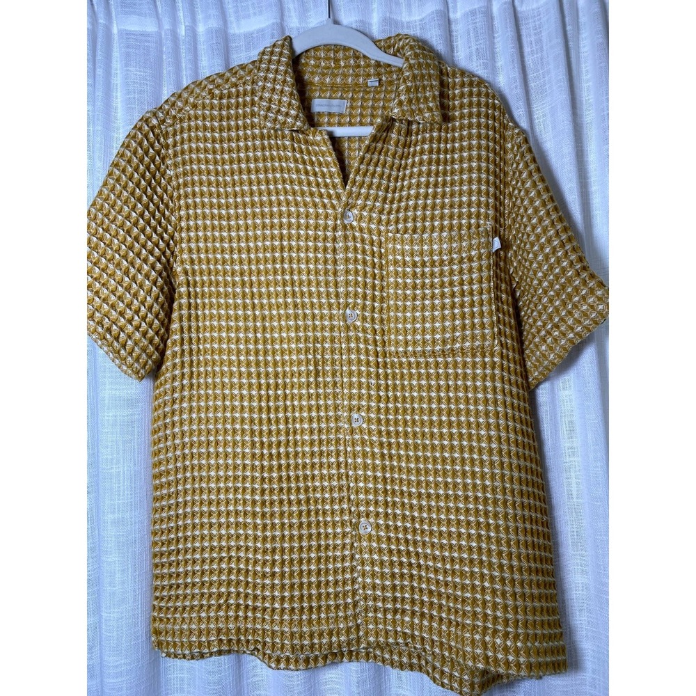 Standard Cloth Button Down Yellow Waffle Weave Camp Shirt, Size Medium